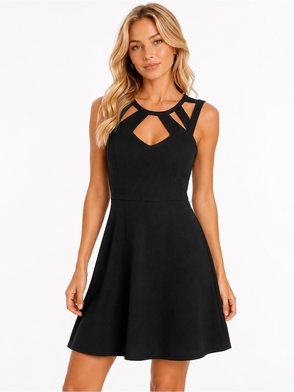Betsey Johnson Size 6 Sleeveless Black Cutout Skater Dress